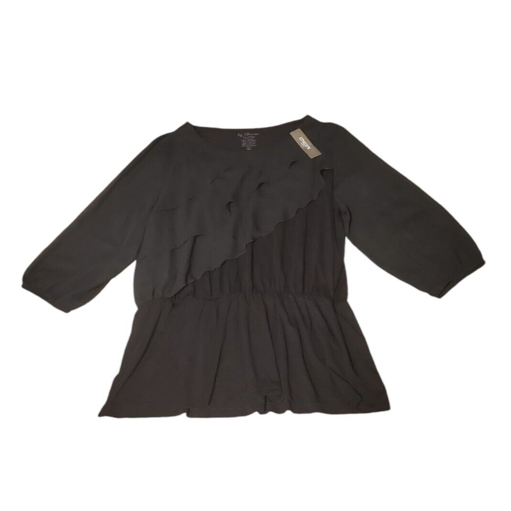 Chicos Black Blouse Top Sheer 3/4 Sleeve Goth Layers Stretch Women 3 (XL 16/18))